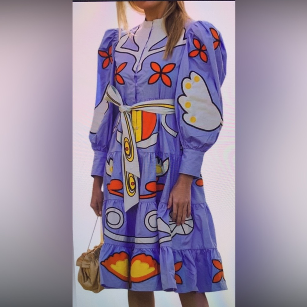 CeliaB 100% Cotton Blue and Orange Artistic Long Sleeve Dress Size XS